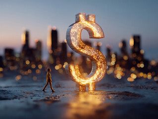 Tiny person walking toward giant glowing dollar sign floating above city skyline at dusk, financial goal metaphor. Generative Ai.