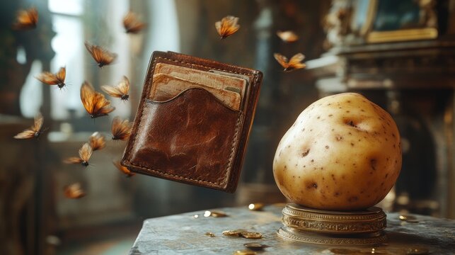 A leather wallet with a few flies on it is floating in the air above a potato