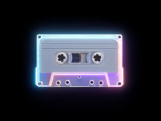 Obraz premium Vintage cassette tape with neon outline on dark background, 80s retro aesthetic, minimal grain. Generative Ai.