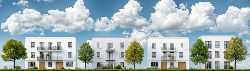 Modern Architectural Facade Design with Black Details and Lush Greenery Under Bright Blue Sky Featuring Contemporary Building Styles