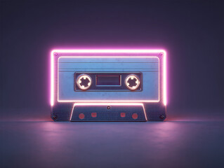 Obraz premium Vintage cassette tape with neon outline on dark background, 80s retro aesthetic, minimal grain. Generative Ai.