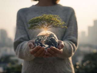 Woman holding globe with tree sprouting from it, environmental responsibility, soft light. Generative Ai.