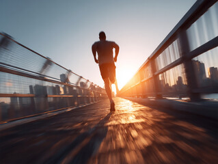 Young man running through city bridge at sunrise, motion blur, health and freedom concept. Generative Ai.