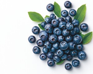 Fresh Blueberries and Green Leaves Isolated on White Background with Detailed Texture and Vivid Color for Creative Culinary or Health-Based Projects