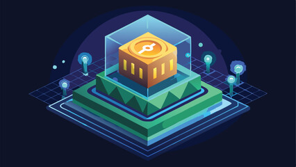 Isometric platform with a gold coin cube encased in glass on a grid against a dark blue background