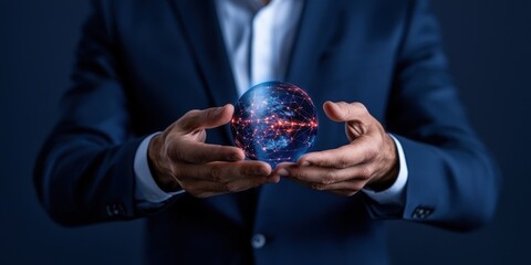 Businessman Holding Digital Hologram of Earth in Hands Symbolizing Future Technology and Global Connectivity in Dark Environment
