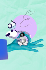Vertical pop poster banner collage of happy teenager schoolgirl sit human hand ai robot cyber...