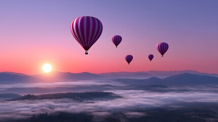 Obraz premium Hot air balloons floating over a misty mountain landscape at sunrise
