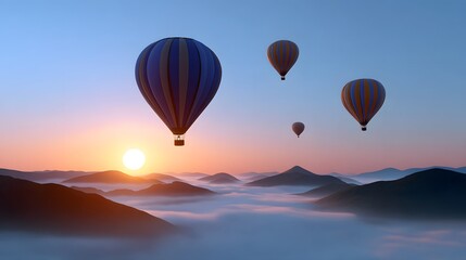 Fototapeta premium Hot air balloons over a misty mountain landscape at sunrisesunset.