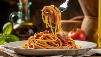 A close-up food photograph of spaghetti pasta being twirled on a silver fork, creating long strands of golden-yellow pasta with red tomato sauce and small pieces of cured bacon bits.