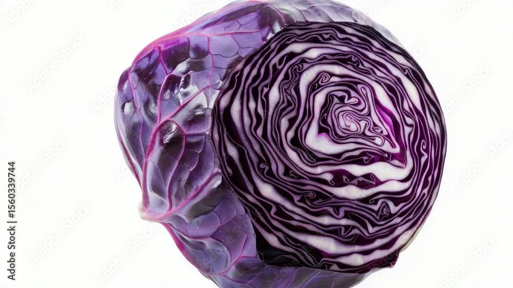 Poster a close-up shot of a purple cabbage against a white background, ideal for use in recipes or health-r