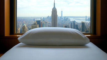 Modern style bedroom double bed clean and tidy with cityscape view, peaceful and inviting