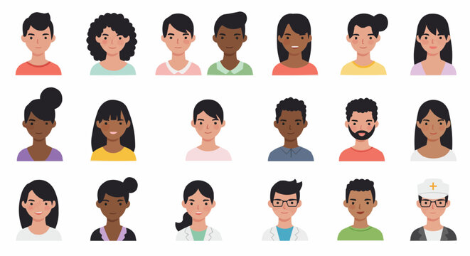 Diverse avatar faces – multicultural profile icons in modern flat illustration style.