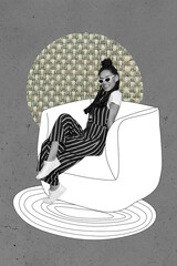 Poster image sketch vertical collage of happy girl stand indoor armchair flower pot freelancer...