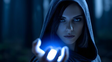 Mysterious hooded figure emitting a glowing energy