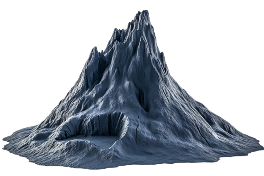 Detailed 3d rendering of a rocky mountain with visible textures and a crater isolated on white or transparent png