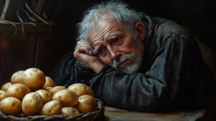 A man is sitting on a table with a basket of potatoes in front of him