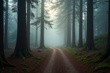 Fototapeta premium Serene Forest Path Winding Through Tall Dark Green Pine Trees Misty Morning Atmosphere