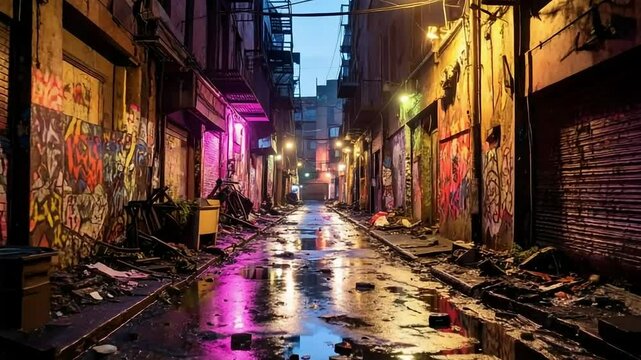 Night City Alley: Urban Graffiti and Reflections