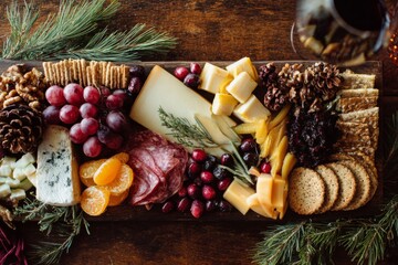 A festive flatlay featuring a charcuterie board filled with cheese, fruits, and holiday garnishes.