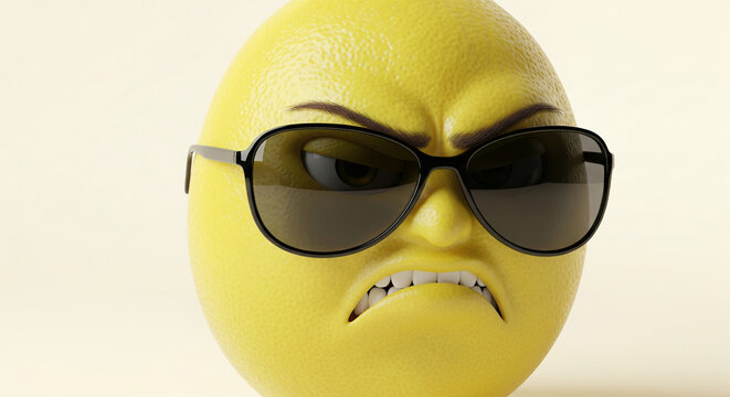 Close-up of a lemon with sunglasses, displaying a grumpy facial expression.  Illustrates a humorous concept of anthropomorphism and fruit personification