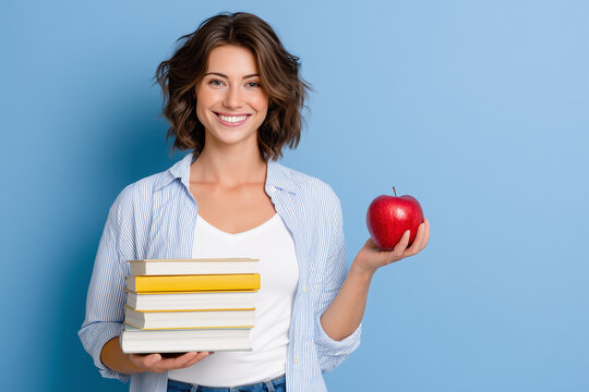 Beautiful woman holding books and apple on blue background, cheerful teacher promoting education and healthy snack