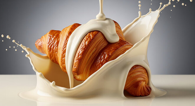 Golden croissant submerged in creamy milk splash, showcasing texture and freshness, representing indulgence and breakfast delight