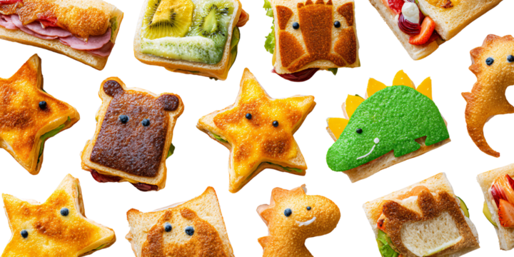 Creative and colorful animal shaped sandwiches for kids, including dinosaur, bear, star, fox, giraffe, and kiwi fruit sandwich Concept of fun food, healthy eating, and school lunch - Powered by Adobe