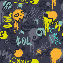 Groovy smile seamless pattern in Urban street art style on black background. Graphic underground unisex design for t-shirts. Psychedelic rave background. Neon colors