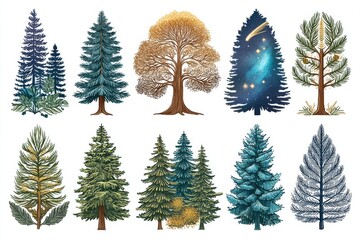 Pixel Art Collection of Diverse Trees Conifers, Deciduous, and Night Sky