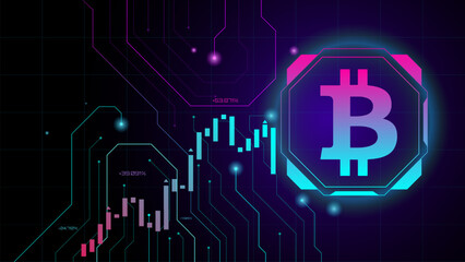 Futuristic illustration of digital bitcoin logo integrated into circuitry and trading graphs. Concept of financial technology innovation and virtual currency trends.