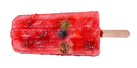 Refreshing homemade fruit popsicle with strawberry, kiwi, and blueberry on a wooden stick Summer treat concept of healthy eating, refreshment, and deliciousness