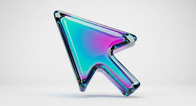 Glass cursor icon, iridescent blue and purple, glossy texture, symbolizes digital interaction, technology, and website navigation, free space for text