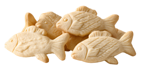 Pile of Golden Fish Shaped Crackers, Salty Snack Food for Kids and Adults, Appetizing and Delicious