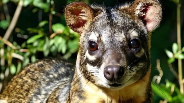 Close-up portrait of a Common Genet with its distinctive mottled fur pattern, striking face, and brown eyes surrounded by green foliage.