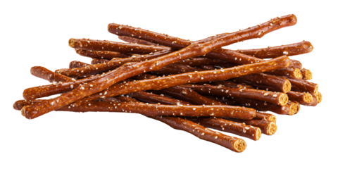 Pile of salty pretzel sticks snack on black background Closeup of crunchy baked pretzel rods with coarse salt Concept of junk food, unhealthy eating, and salty snacks