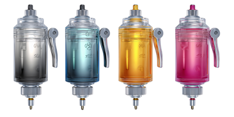 CMYK Ink Cartridges for Professional Printing, Isolated on Black Background Concept of Color Management, Graphic Design, and Digital Printing