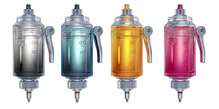 CMYK Ink Cartridges for Professional Printing, Isolated on Black Background Concept of Color Management, Graphic Design, and Digital Printing