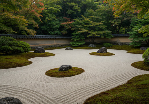  A serene Japanese Zen garden featuring carefully placed rocks, raked white gravel, and lush green trees in the background, representing harmony, simplicity, and mindfulness.
