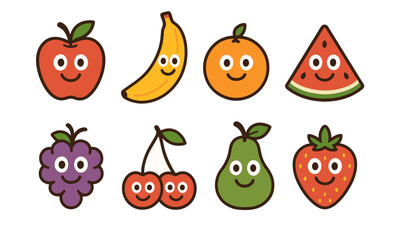 Cute happy fruit characters with smiling faces on white background