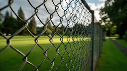 Obraz premium A 4K photo of extreme close-up of chain link fence with background of lawn and trees.