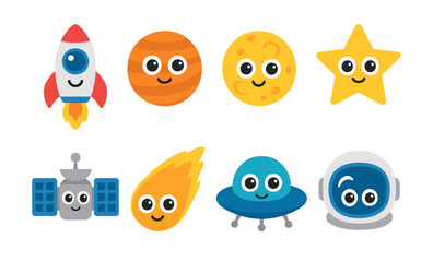 Fototapeta premium Cute space icons: rocket, planets, and astronaut with smiling faces