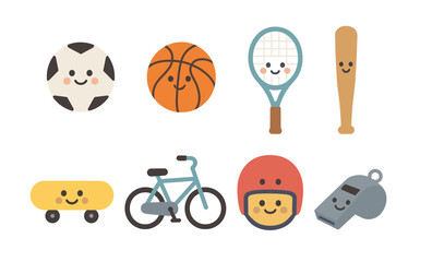 Cute kawaii sports equipment and activities: soccer, basketball, tennis, baseball, cycling, skateboarding