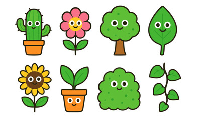 Cute cartoon plants with smiling faces: adorable cactus, flowers, and trees for kids