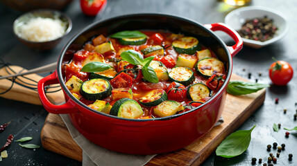 Vegetable casserole in a red pot with cheese, zucchini, cherry tomatoes, oregano and cream sauce on a wooden board, home cooking