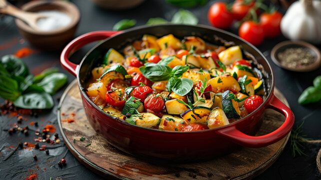 Vegetable casserole in a red pot with cheese, zucchini, cherry tomatoes, oregano and cream sauce on a wooden board, home cooking - Powered by Adobe