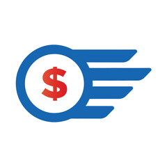 Red dollar symbol with blue wings money finance