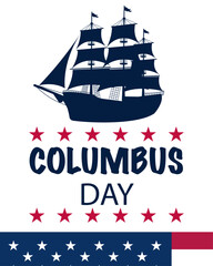 Columbus Day banner with a galleon style ship in old glory blue in portrait orientation