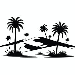Fototapeta premium Black and White Silhouette of Desert Landscape with Palm Trees and Dunes