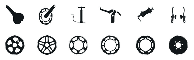Gear Set Seamless Pattern Vector Collection of Gears. Advertisement for a bicycle shop. Bicycle details in dark silhouettes. Bike sprocket black bike parts Vector illustration
